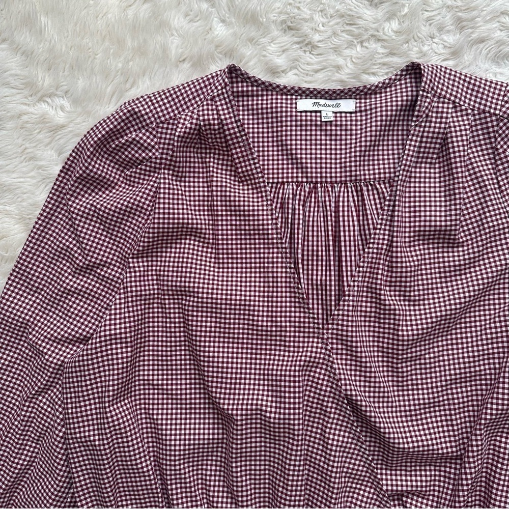 Madewell Blouse Wrap Top in Gingham Check Cropped Gingham Rusty Burgundy L - Picture 5 of 14